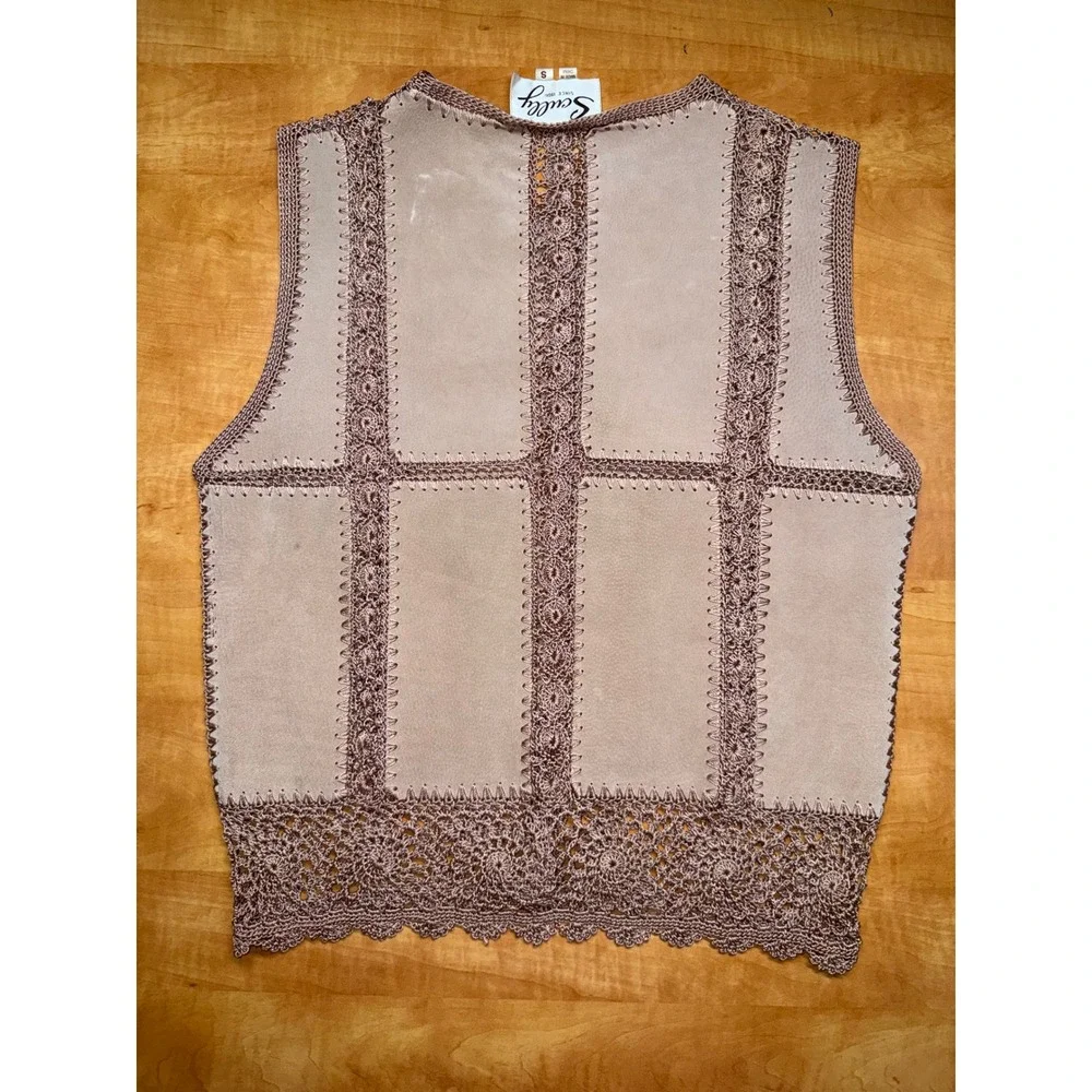 Scully Leather Crochet Knit Vest Mauve Tan Western Boho Suede Button Front Small